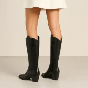 Black Embroidered Low Heel Cowboy Boots for Women