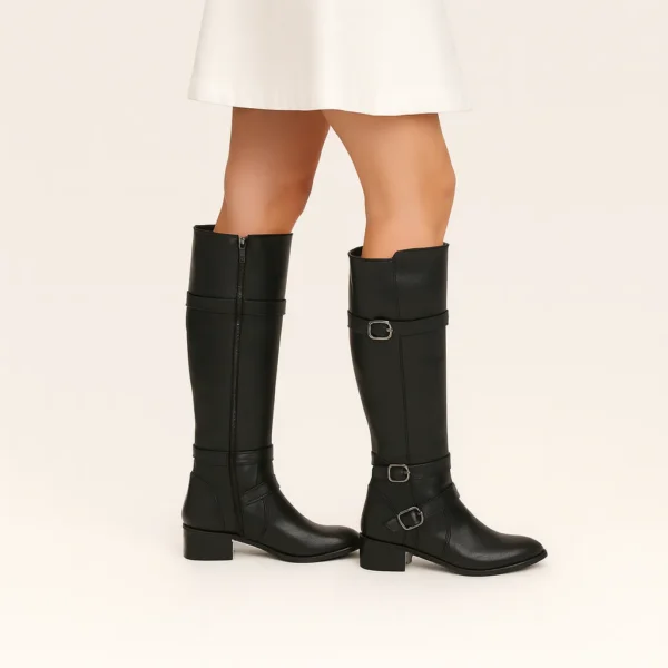Black Low Heel Boots for Women with Buckle TU-010