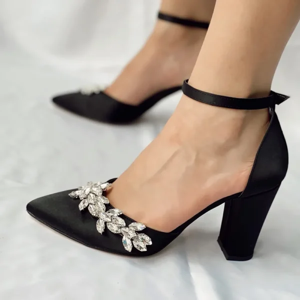 Black Rhinestone Block Heel Pumps for Women RA-8001