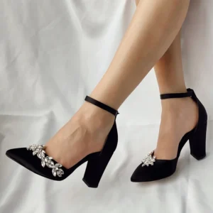Black Rhinestone Block Heel Pumps for Women RA-8001