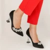 Black Satin Rhinestone Stiletto Heels for Women RA-510