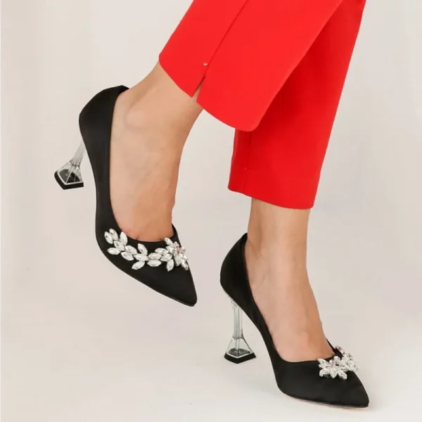 Black Satin Rhinestone Stiletto Heels for Women RA-510