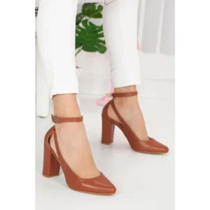 Brown Dressy Block Heel Ankle Strap Pumps RA-8030