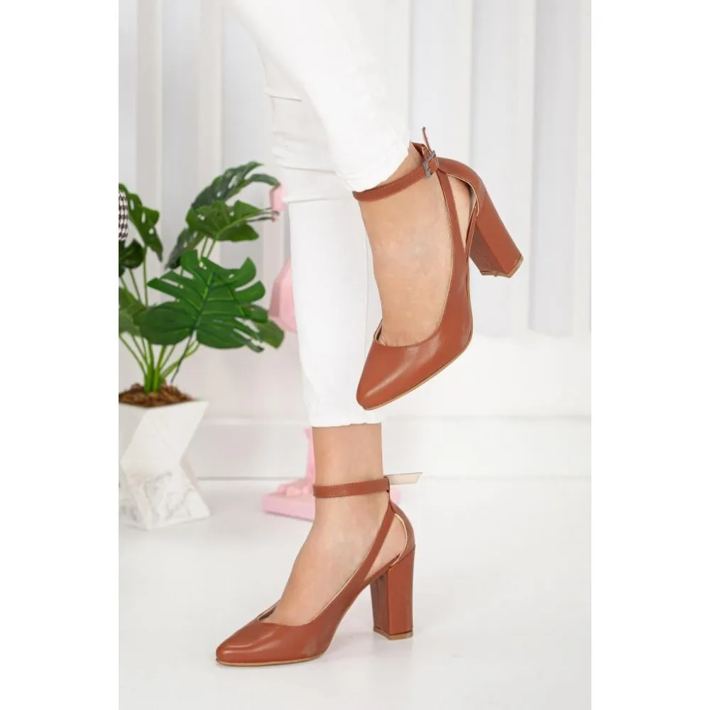 Brown Dressy Block Heel Ankle Strap Pumps RA-8030