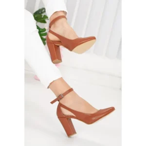 Brown Dressy Block Heel Ankle Strap Pumps RA-8030