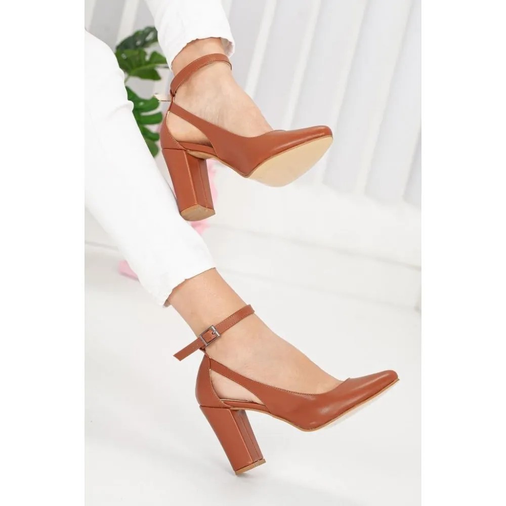 Brown Dressy Block Heel Ankle Strap Pumps RA-8030