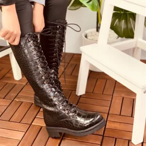 Brown Lace up Boots Women Knee High TU-011