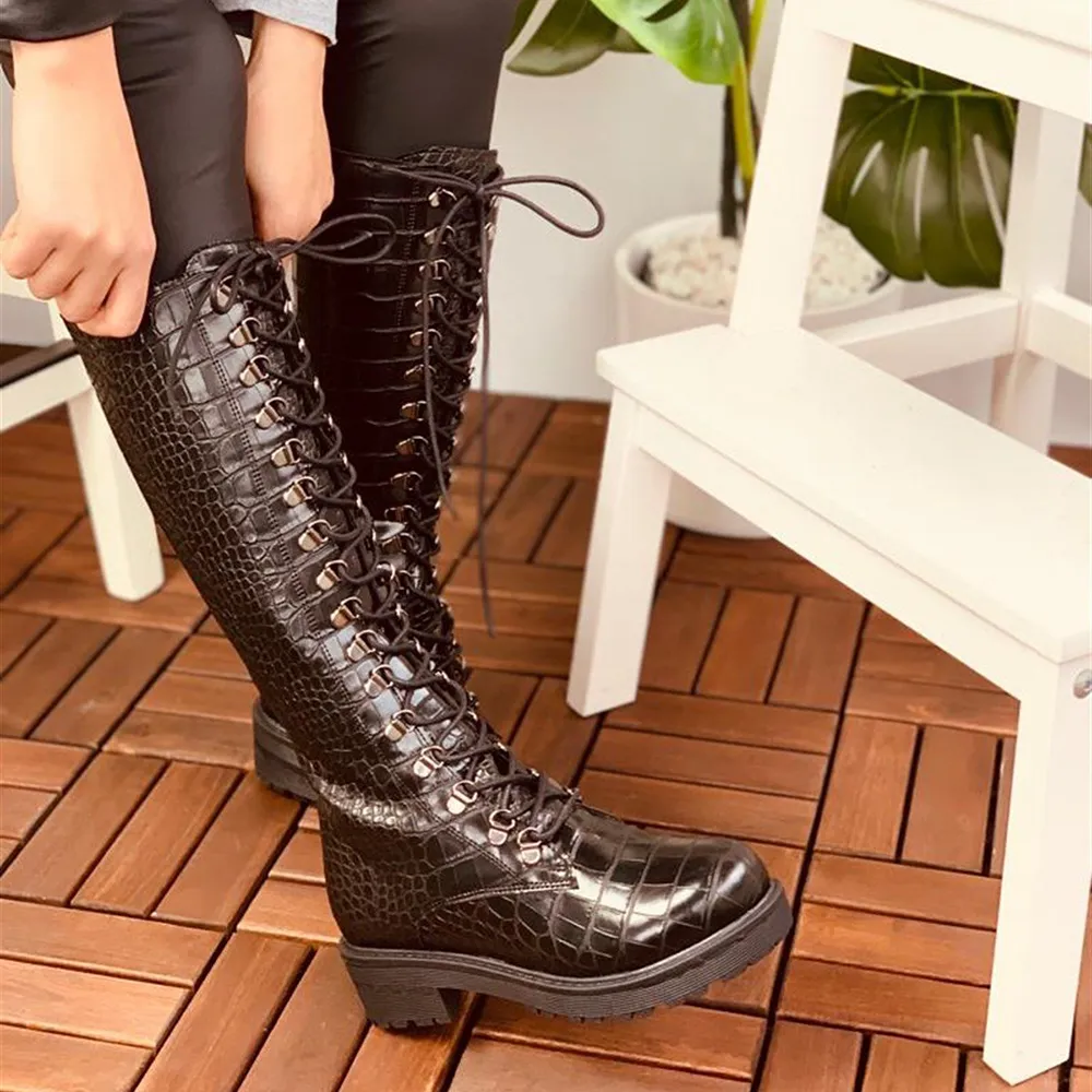 Brown Lace up Boots Women Knee High TU-011