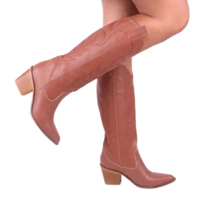 Brown Low Heel Suede Boots Women Knee High