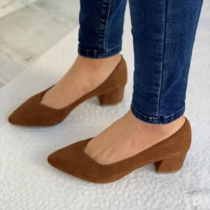 Brown Suede Block Heel Pumps for Women RA-162