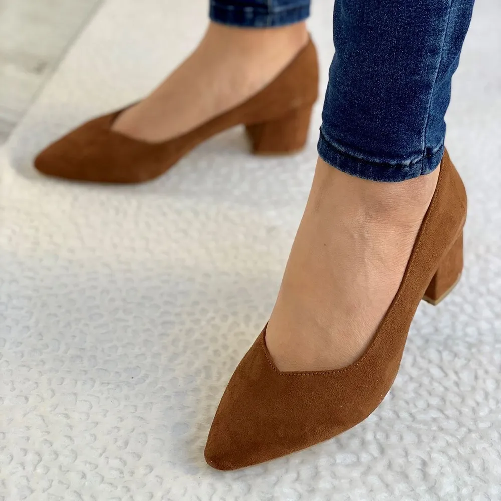 Brown Suede Block Heel Pumps for Women RA-162