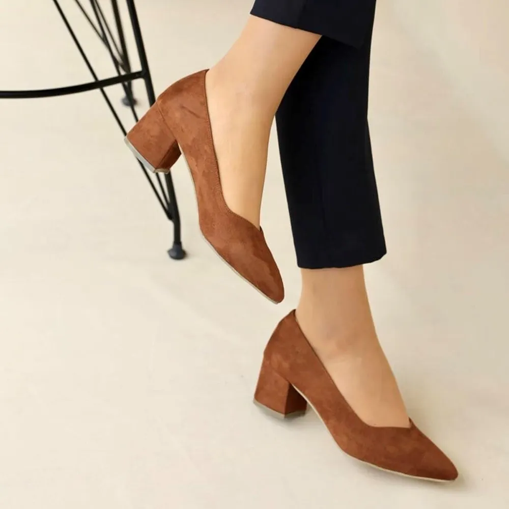 Brown Suede Block Heel Pumps for Women RA-162