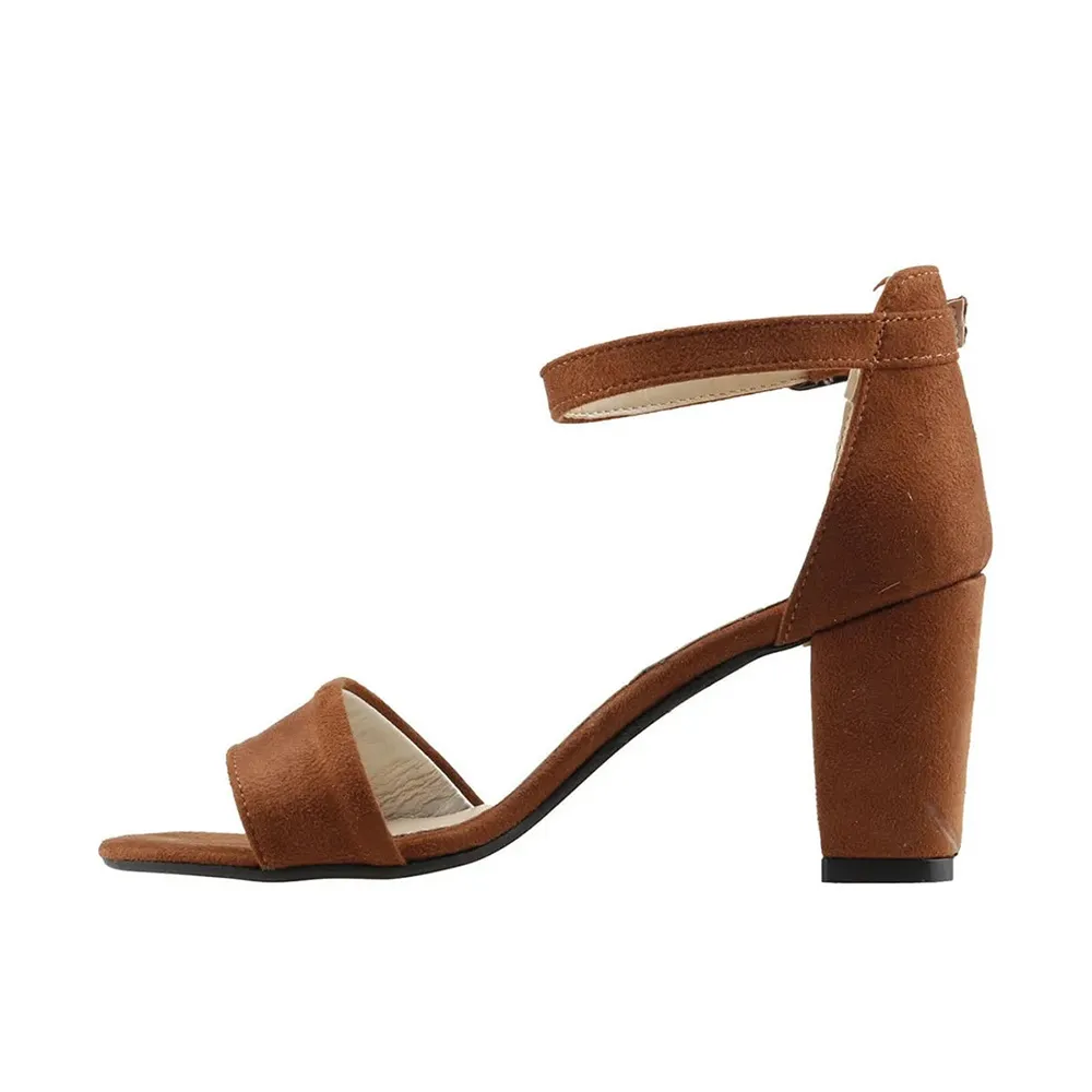 Brown Suede Chunky Heel Ankle Strap Sandals MA-030