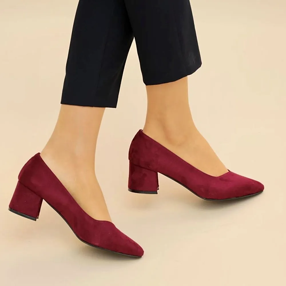 Burgundy Suede Block Heel Pumps for Women RA-162