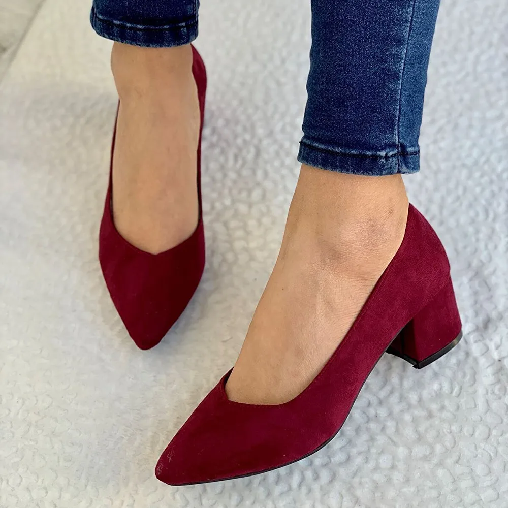 Burgundy Suede Block Heel Pumps for Women RA-162