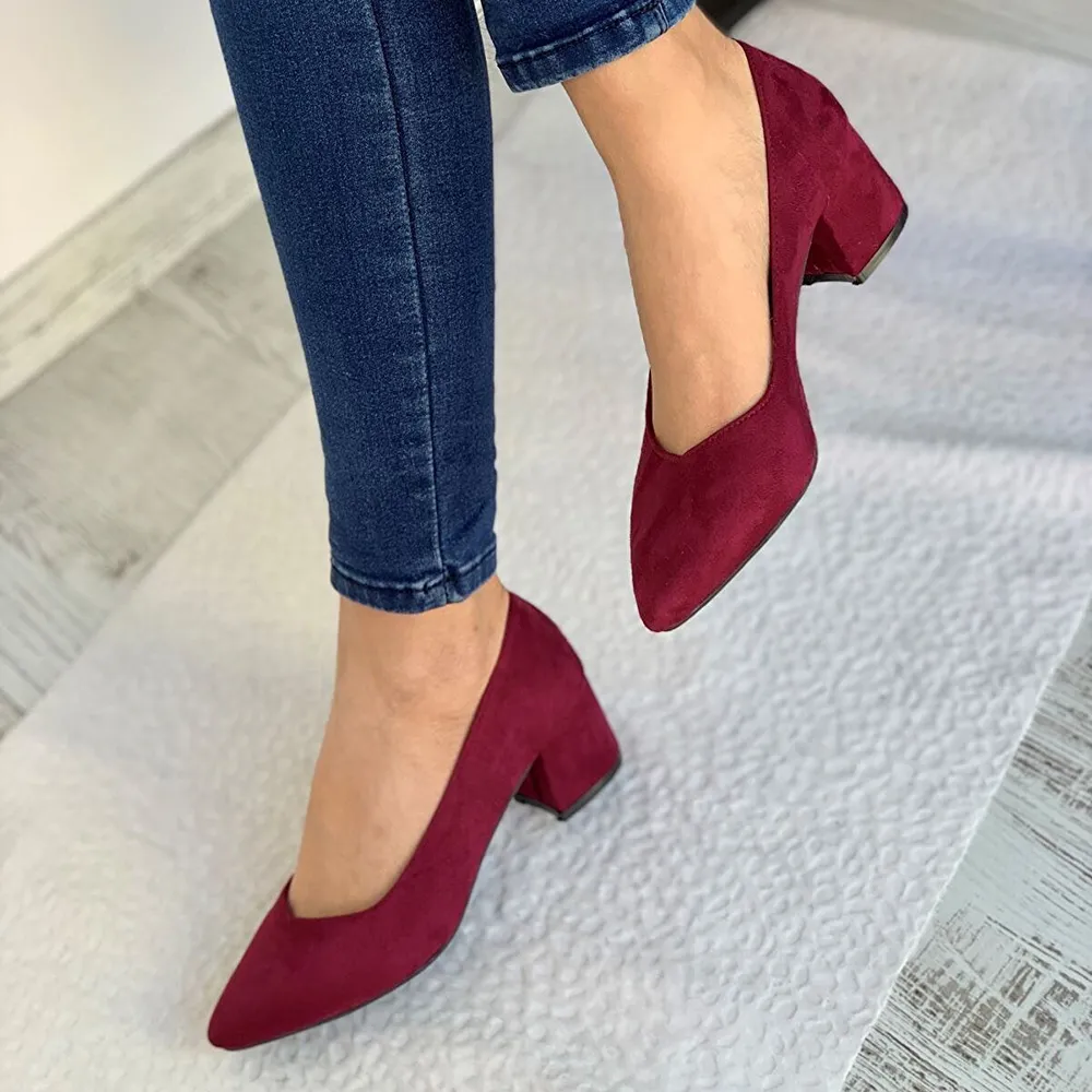 Burgundy Suede Block Heel Pumps for Women RA-162 - Image 3