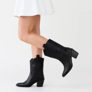 Black Western Ankle Boots Women Mid Block Heel