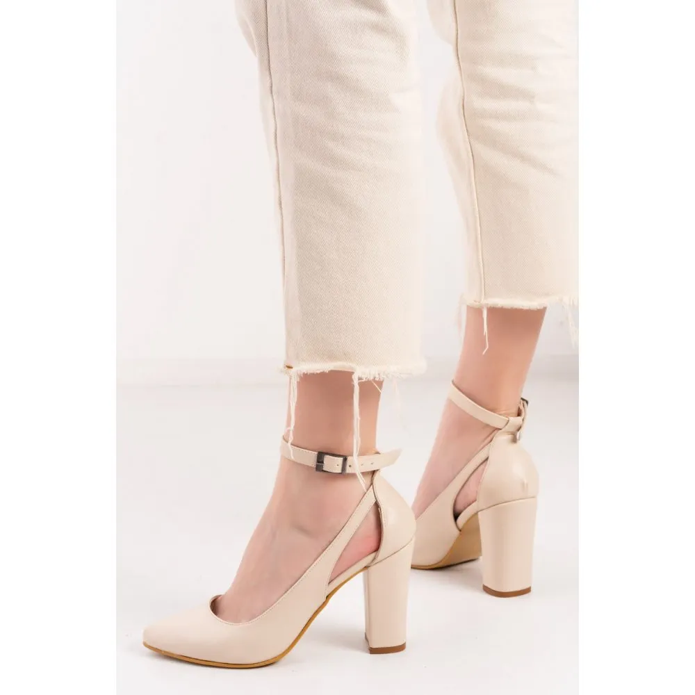 Cream Dressy Block Heel Ankle Strap Pumps RA-8030