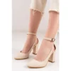 Cream Dressy Block Heel Ankle Strap Pumps RA-8030