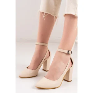 Cream Dressy Block Heel Ankle Strap Pumps RA-8030