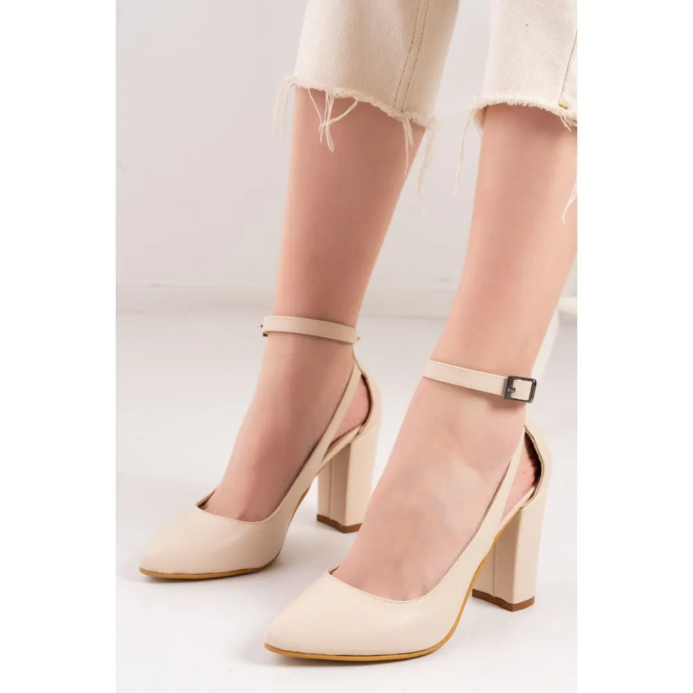 Cream Dressy Block Heel Ankle Strap Pumps RA-8030