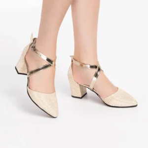 Gold Ankle Strap Block Heel Pumps for Women RA-803