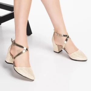 Gold Ankle Strap Block Heel Pumps for Women RA-803