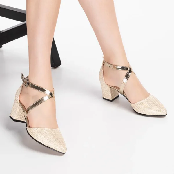 Gold Ankle Strap Block Heel Pumps for Women RA-803