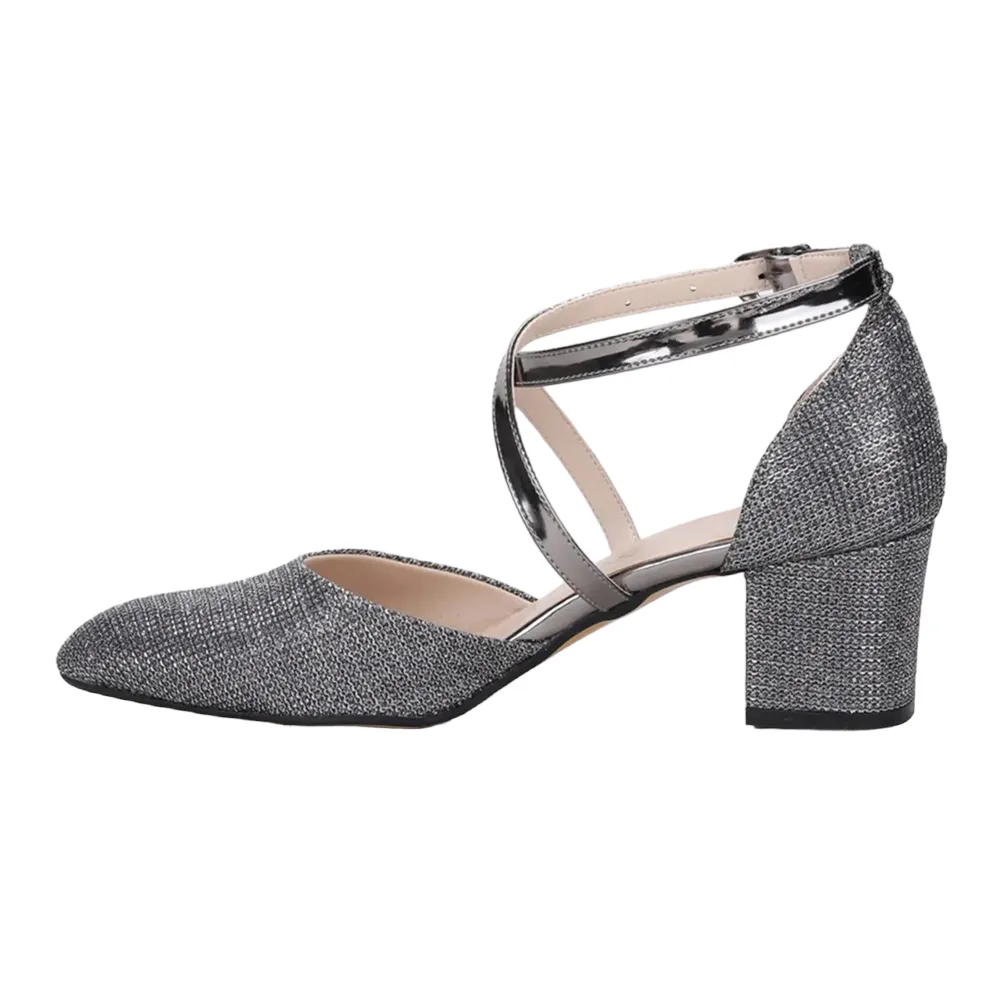 Gray Ankle Strap Block Heel Pumps for Women RA-803