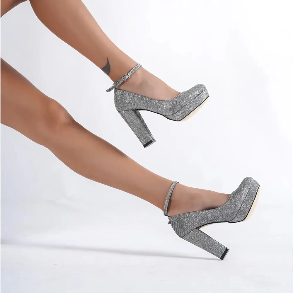 Gray Ankle Strap High Platform Heels for Women RA-210