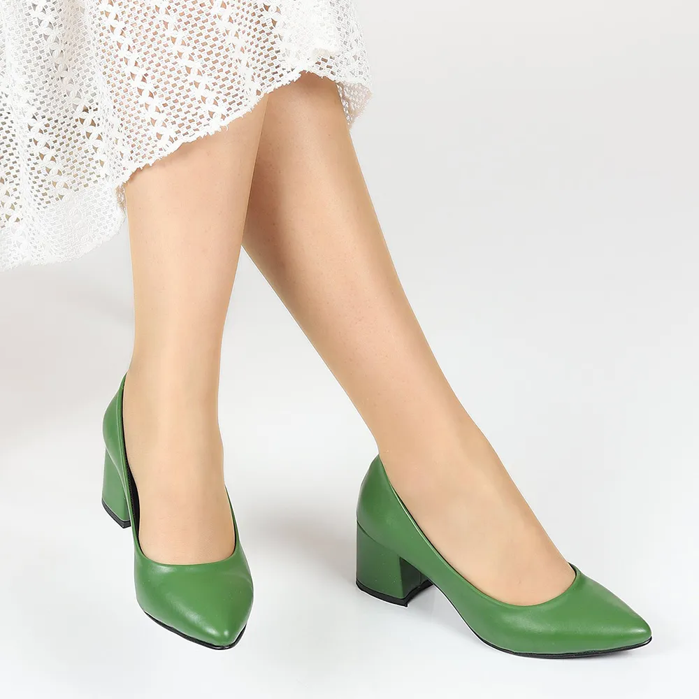 Green Block Heel Pumps for Women RA-162