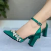 Green Rhinestone Block Heel Pumps for Women RA-8001