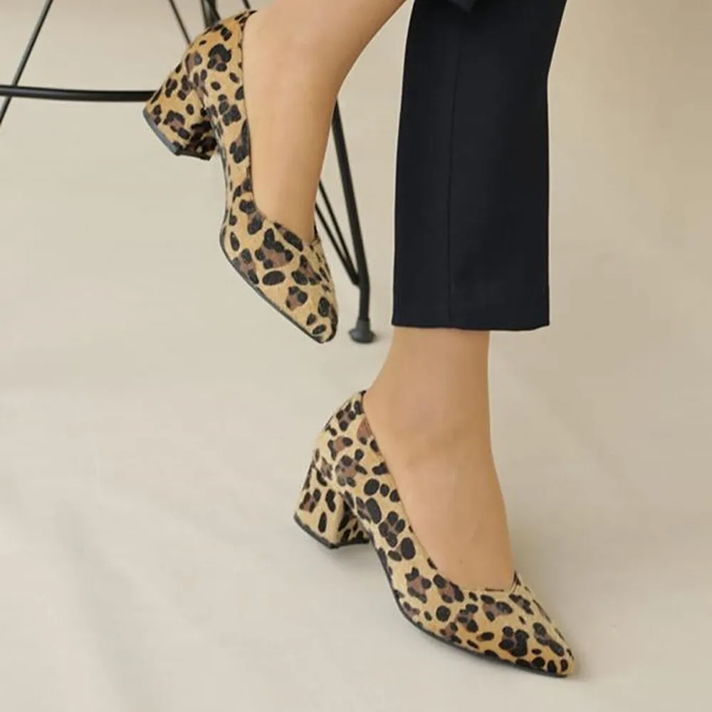 Leopard Block Heel Pumps for Women RA-162
