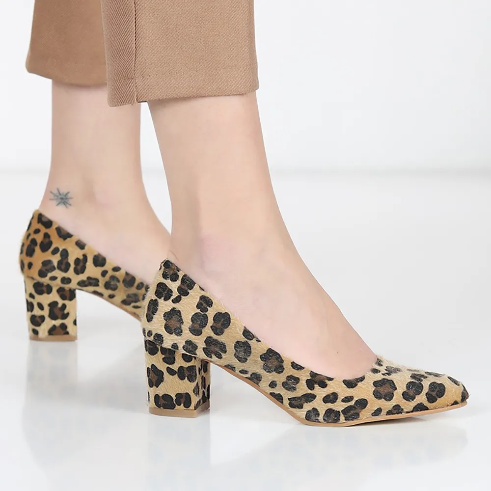 Leopard Block Heel Pumps for Women RA-162