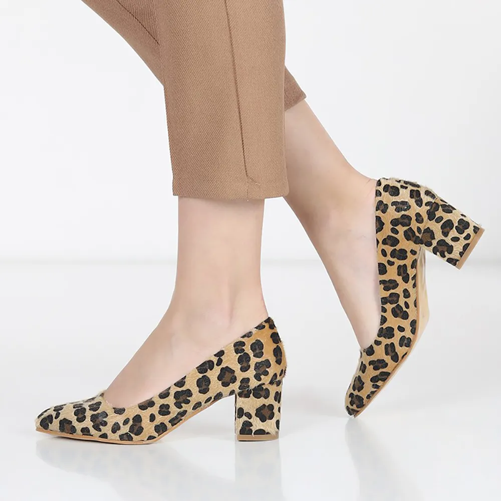 Leopard Block Heel Pumps for Women RA-162
