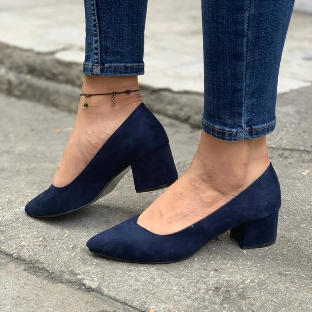 Navy Blue Suede Block Heel Pumps for Women RA-162
