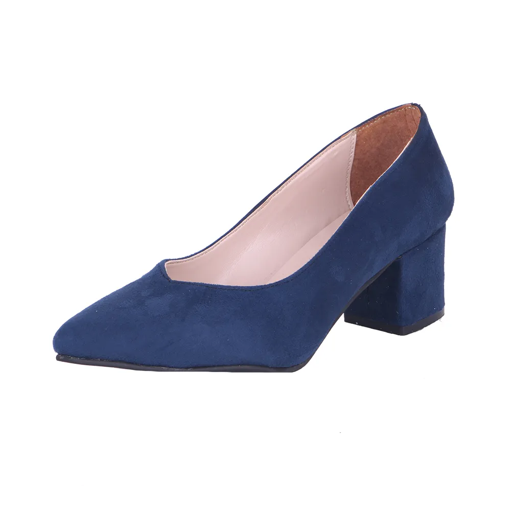 Navy Blue Suede Block Heel Pumps for Women RA-162