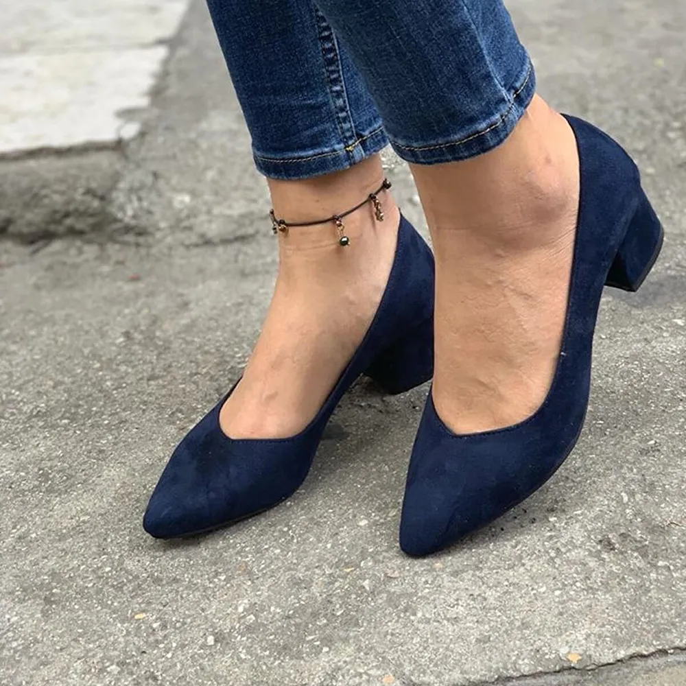 Navy Blue Suede Block Heel Pumps for Women RA-162
