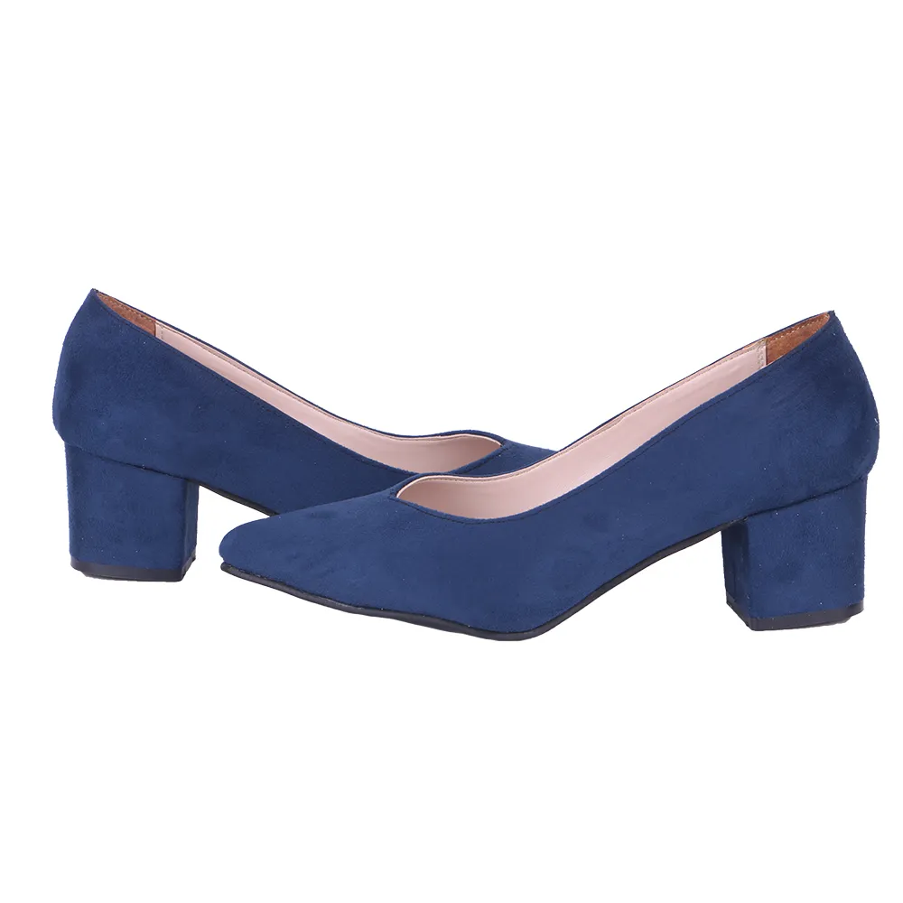 Navy Blue Suede Block Heel Pumps for Women RA-162