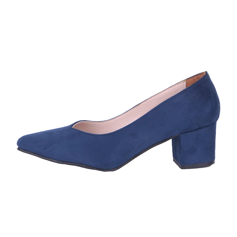 Navy Blue Suede Block Heel Pumps for Women RA-162