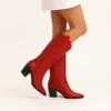 Red Low Heel Suede Boots Women Knee High