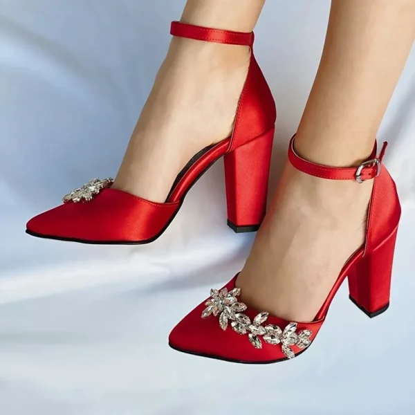 Red Rhinestone Block Heel Pumps for Women RA-8001
