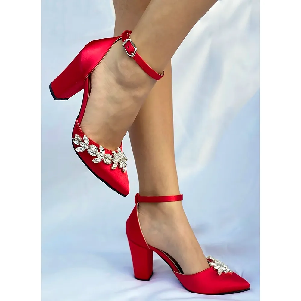 Red Rhinestone Block Heel Pumps for Women RA-8001