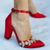 Red Rhinestone Block Heel Pumps for Women RA-8001