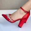Red Rhinestone Block Heel Pumps for Women RA-8001