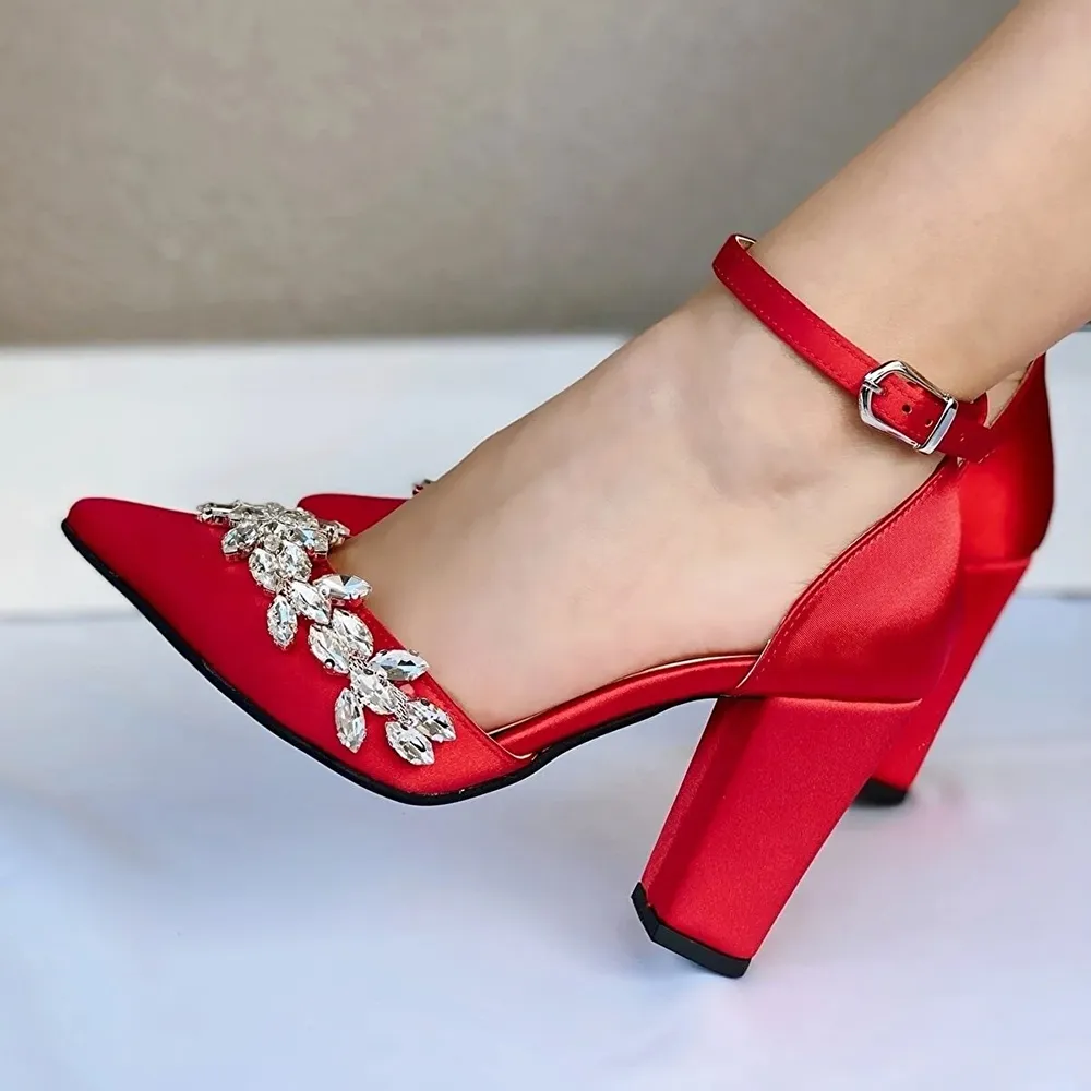 Red Rhinestone Block Heel Pumps for Women RA-8001