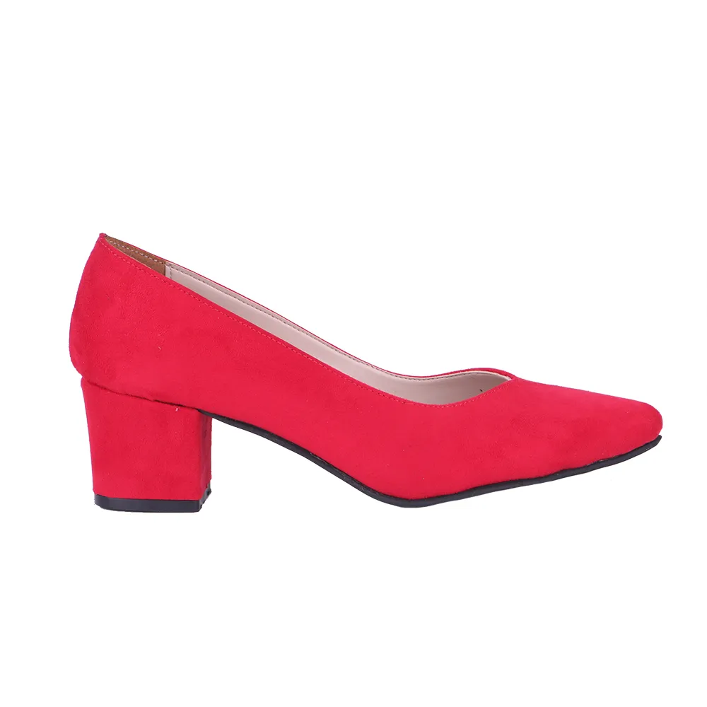 Red Suede Block Heel Pumps for Women RA-162