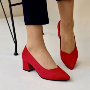 Red Suede Block Heel Pumps for Women RA-162