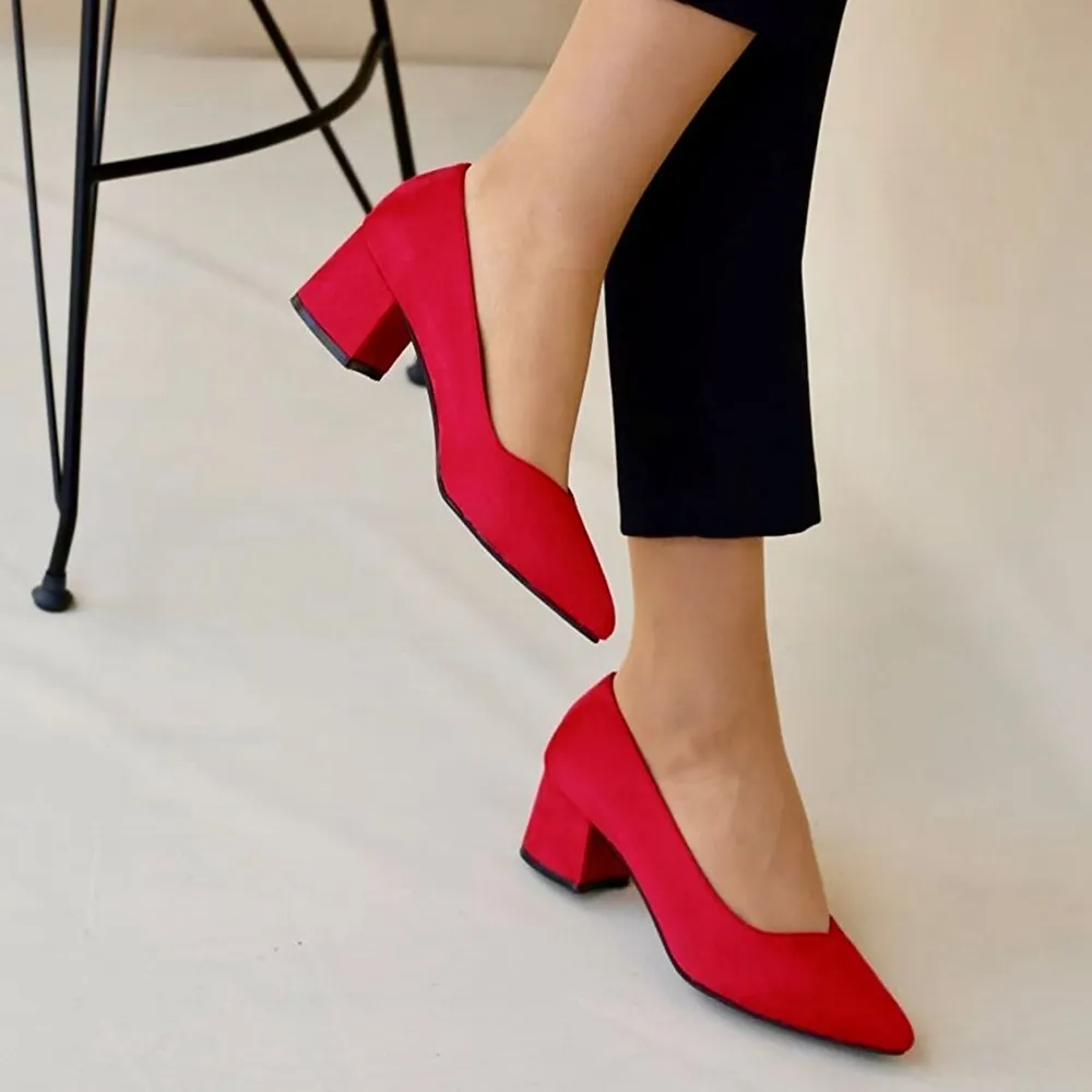 Red Suede Block Heel Pumps for Women RA-162