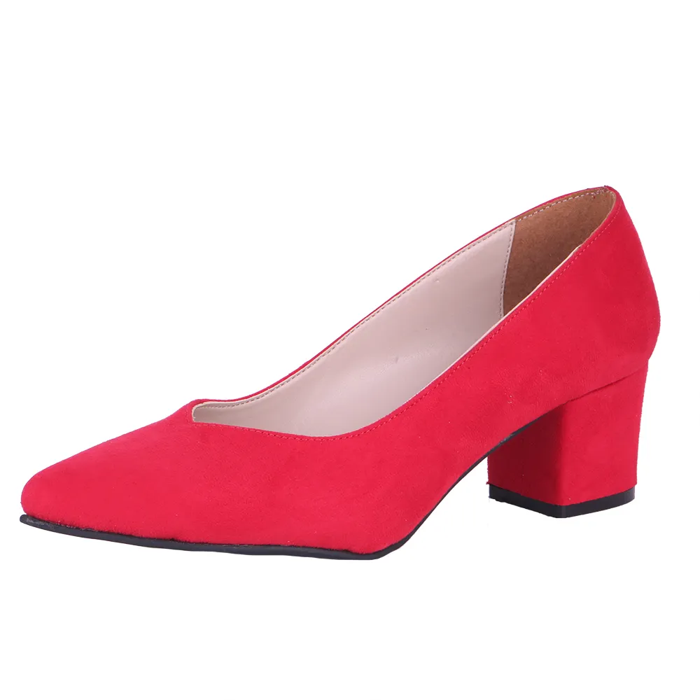 Red Suede Block Heel Pumps for Women RA-162